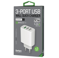 Сетевое зарядное устройство Dorten 3-Port USB Smart ID 30W Wall Quick Charger: QC3.0+2.4A White