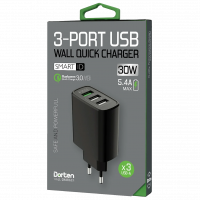 Сетевое зарядное устройство Dorten 3-Port USB Smart ID 30W Wall Quick Charger: QC3.0+2.4A Black