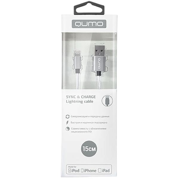 Кабель Qumo MFI С48 USB - Lightning  0,15м, 5В, 2,4A, 12Вт опл. нейлон, серебро